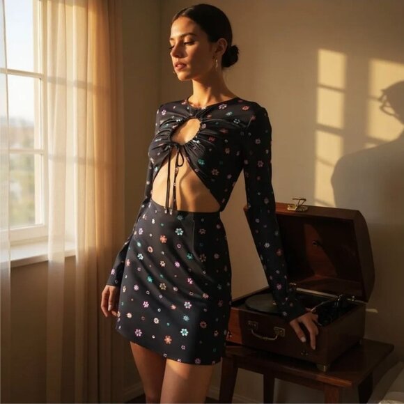 Trippy Floral Cut-Out Mini Dress w/ Long Sleeves by Another Girl – Dusk Bloom M - Picture 2 of 4